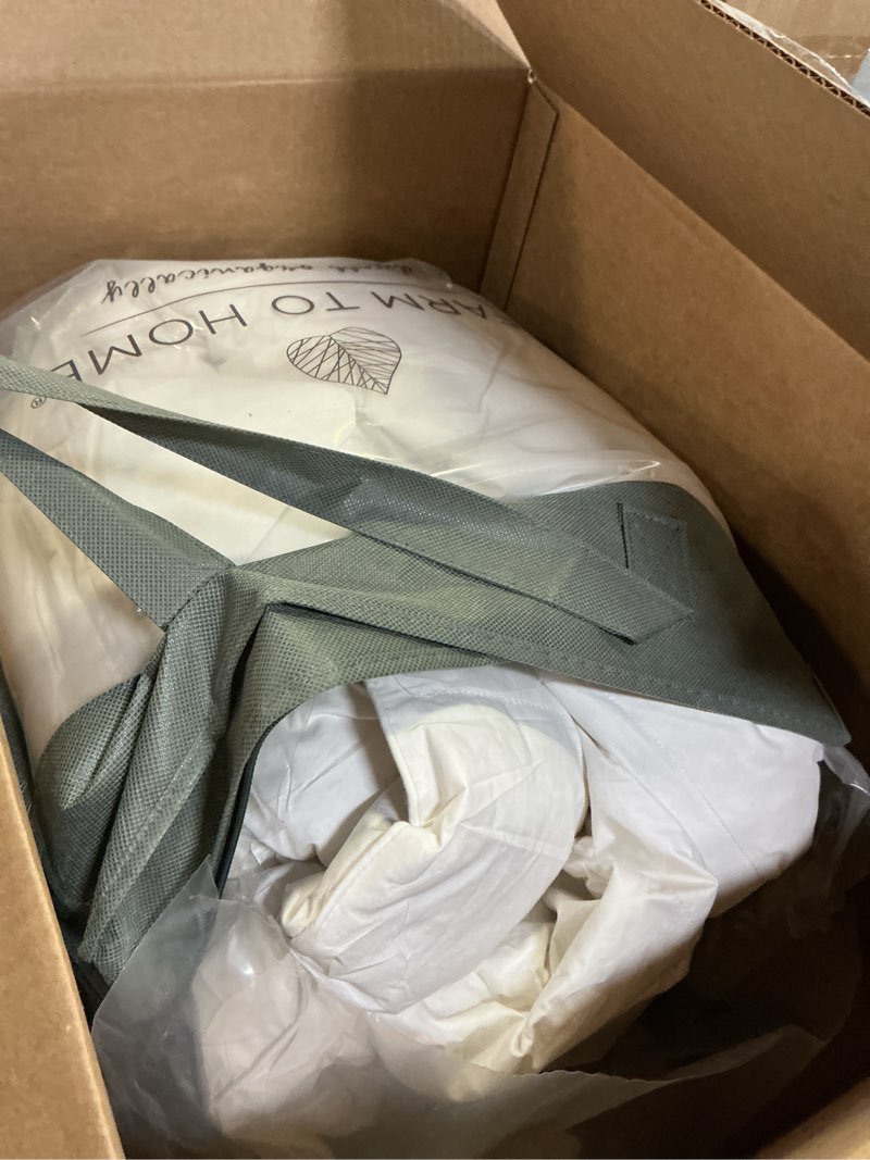 Condition photo showing As Is for farm to home organic cotton feather down comforter twin size, 100% organic cotton cover, all seasons luxury duvet insert with corner tabs, cozy hotelcollections white bedding comforters, 68"x90" twin white
