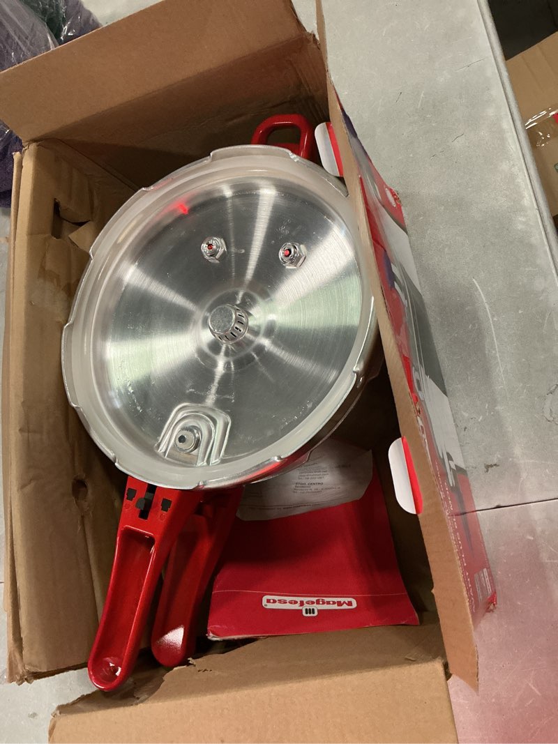 Condition photo showing Good Condition for magefesa avant 6.2-quart aluminum pressure cooker, compatible with gas, electric & ceramic stoves, stovetop pressure canner with trivet, red handle