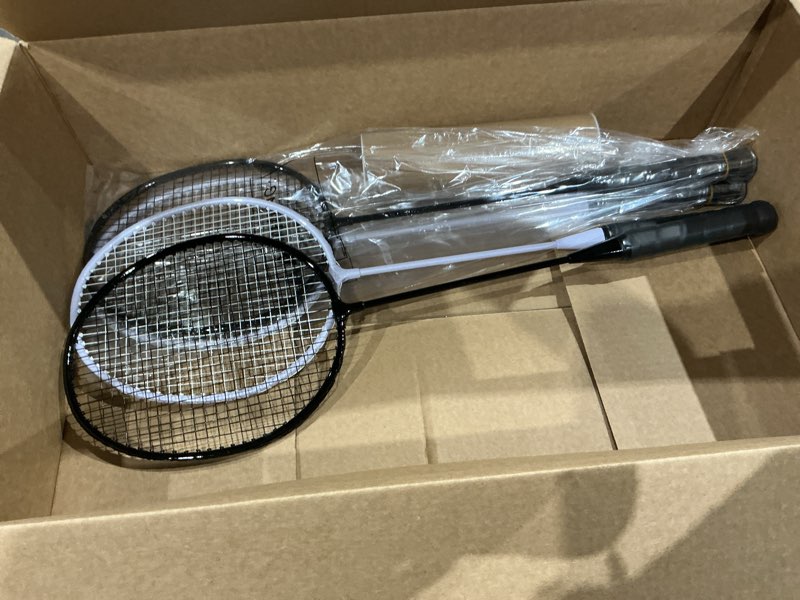 Condition photo showing Good Condition for badminton rackets set of 4 for outdoor backyard games, including 4 rackets, 6 nylon badminton shuttlecocks, lightweight badminton racquets for beginners