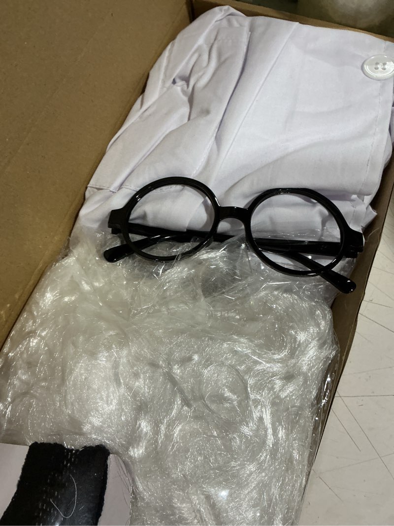Condition photo showing As Is for haysandy kids mad scientist costume crazy physicist costume wig lab coat glasses mustache for 100th day of school cosplay 12-14t