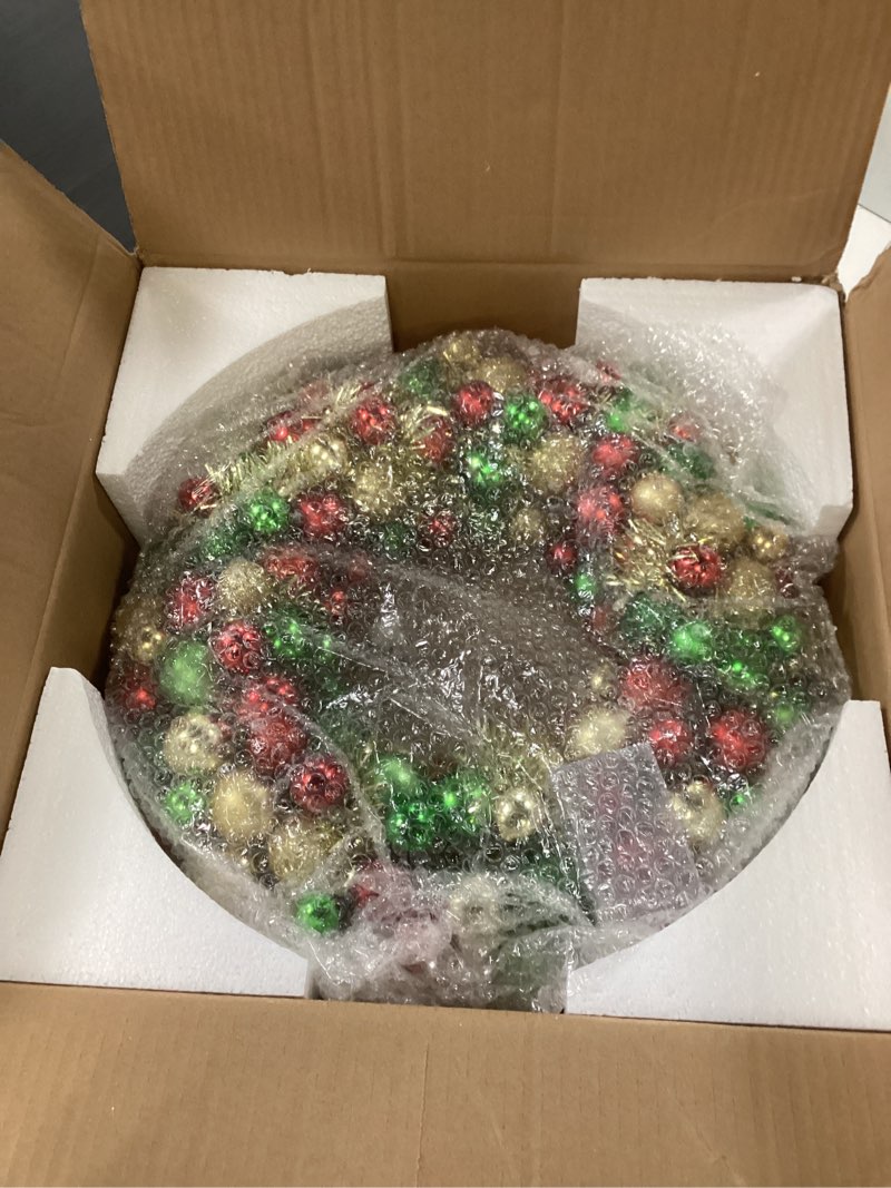 Condition photo showing New/Like New for Amooca 16in Christmas Ball Wreath with LED Lights Front Door Window Decorative Hanging Ornaments Table Centerpiece Holiday Party Home Decoration Red Gold Green Red Gold Green With Led Lights