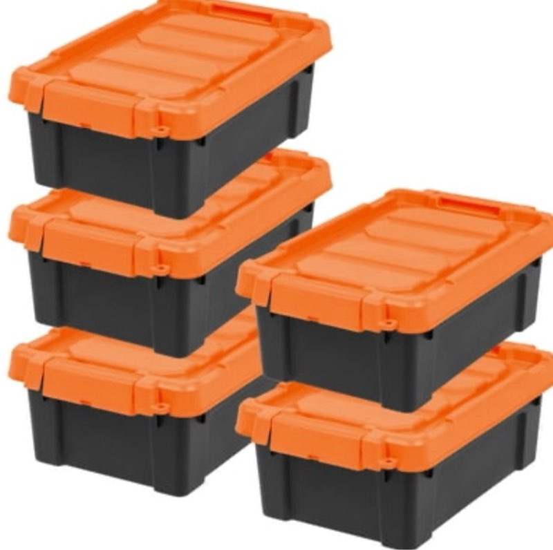 IRIS USA 3 Gallon Lockable Storage Totes with Lids  5 Pack - Orange Lid  Heavy-Duty Durable Stackable Containers  Large Garage Organizing Bins Moving Tubs  Rugged Sturdy Equipment Utility Tool Box
