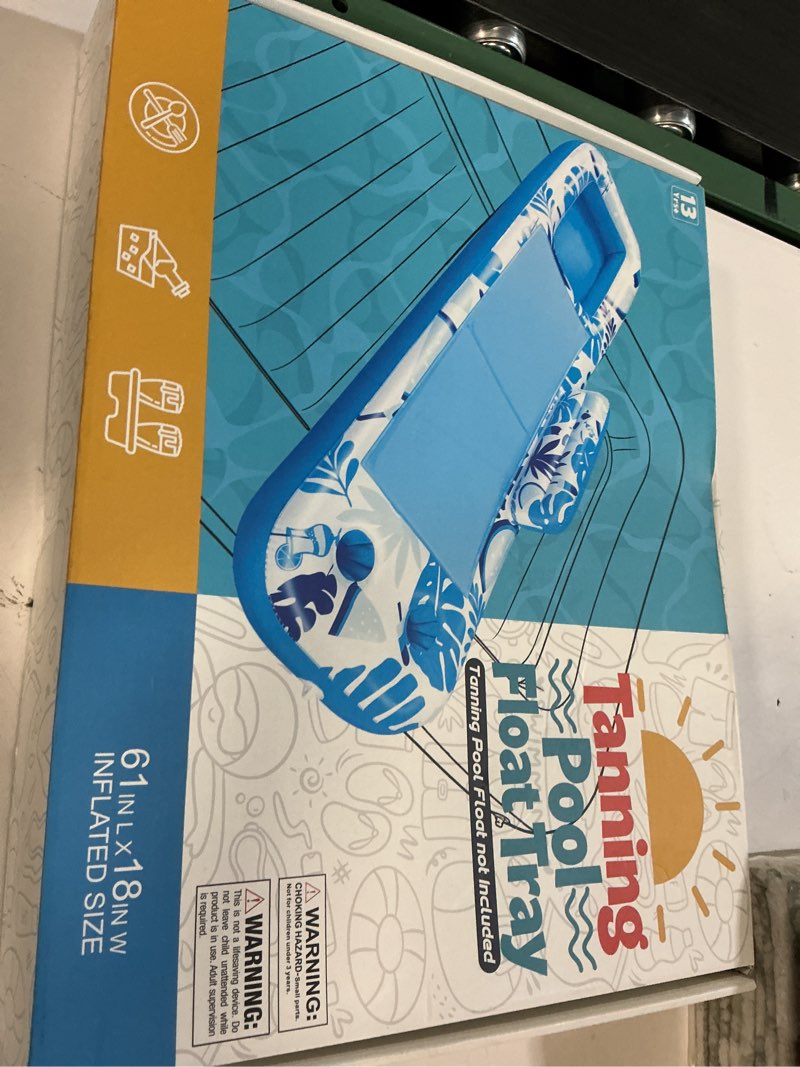 Condition photo showing New/Like New for ayeboovi extra large inflatable tanning pool float tray - 61" l x 18" w non-slip sunbathing bed tray with cooler ice bar for tanning lounge raft & blow up suntan tub pool stuff party gifts blue & white tropical print