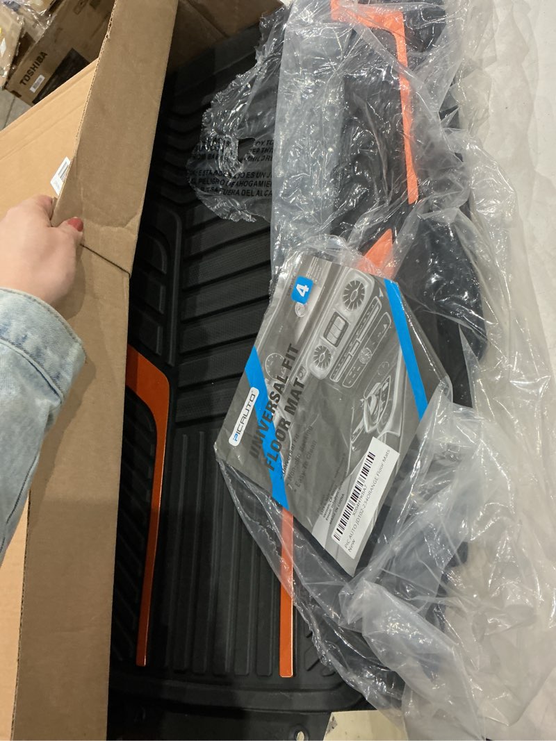 Condition photo showing Good Condition for pic auto heavy duty rubber floor mats, orange aluminum film car mats set, front and rear car mats with anti-slip backing, all weather protection, trim-to-fit for automotive suv, sedan, van
