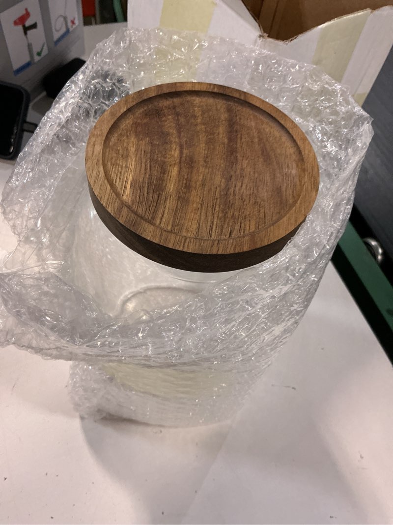 Condition photo showing New/Like New for large glass jars with airtight wooden lid, food storage glass canister, clear cereal storage container for flour, sugar, coffee beans, snack (94 fl oz (2800ml))