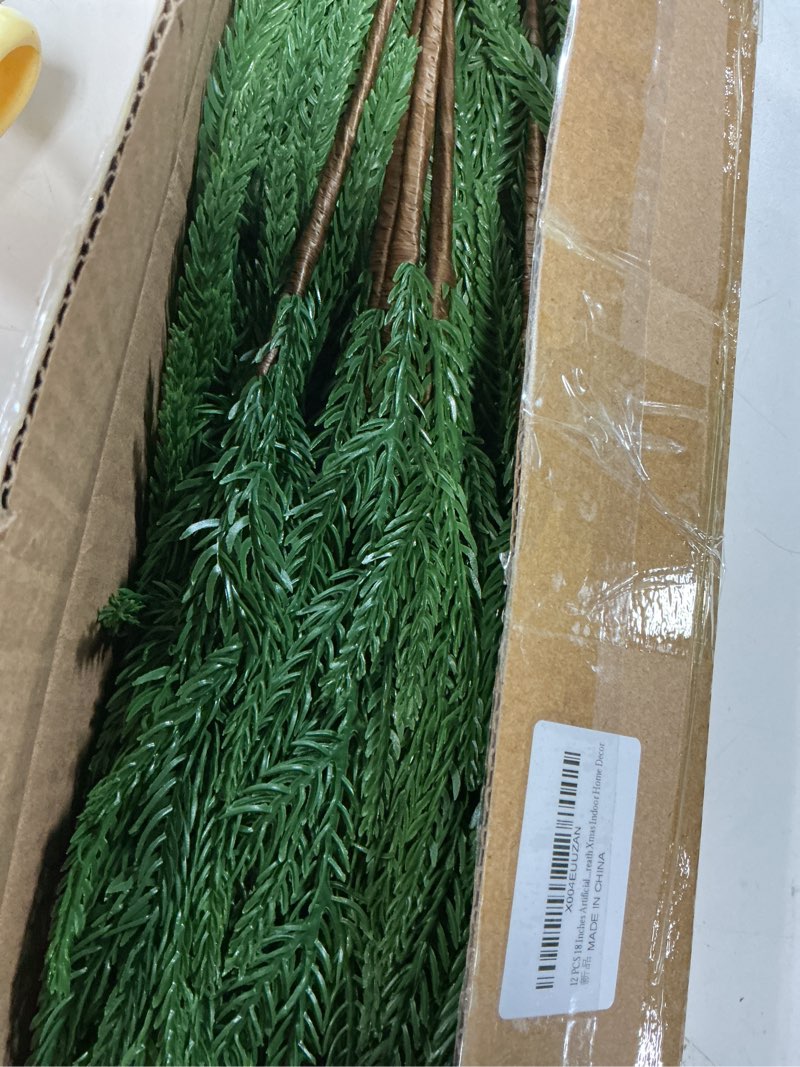 Condition photo showing Good Condition for 12 PCS 18 Inches Artificial Christmas Norfolk Pine Branch, Natural Touch Norfolk Faux Greenery Pine Stems, Fake Norfolk Picks Christmas Decoratoins for Vase DIY Garland Wreath Xmas Indoor Home Decor