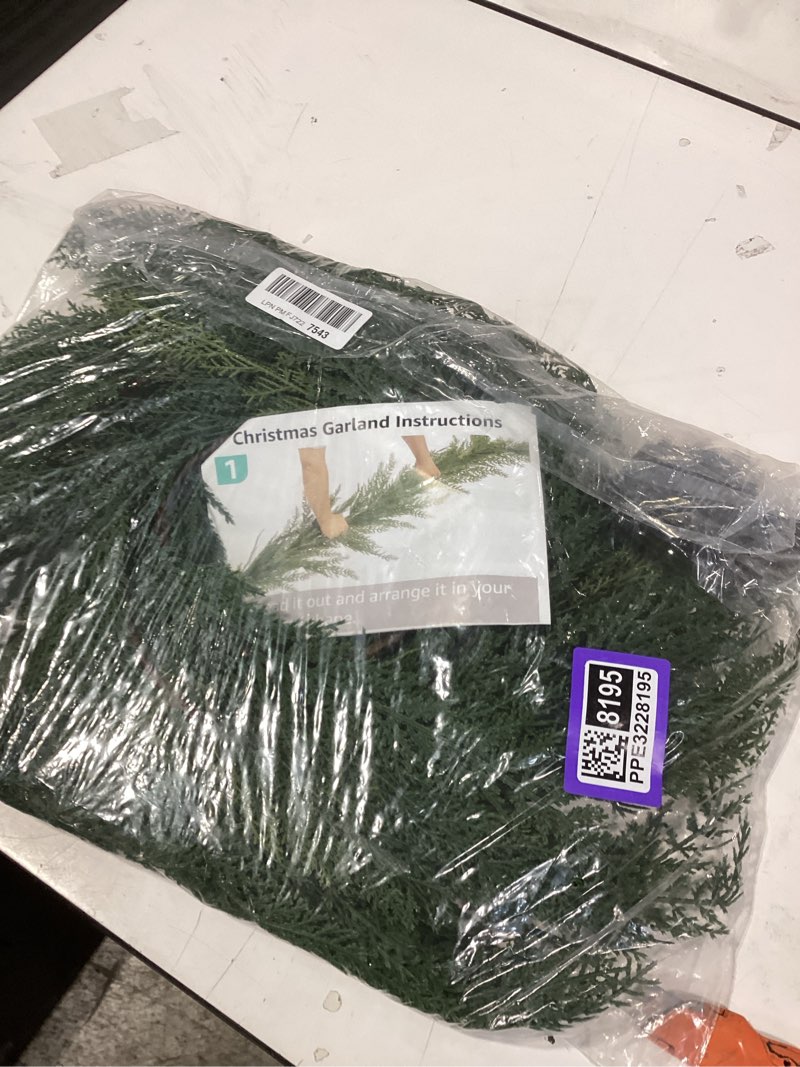 Condition photo showing Good Condition for Christmas Cedar Garland Realistic with Lights - Cypress Decorations 9ft for Mantle Lighted Faux Pine Garlands for Xmas Prelit 9ft Door Decor Outdoor Indoor Home Decoration Stairs Railing Fireplace 8 Ft 1