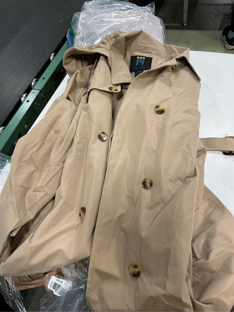 Condition photo showing As Is for creatmo us women's trench coat double-breasted classic lapel overcoat belted slim outerwear coat with detachable hood 3x-large khaki velvet lined