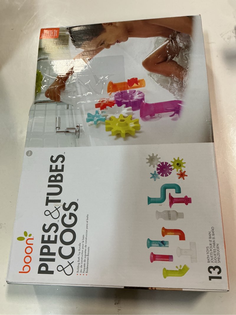 Condition photo showing New/Like New for (Damaged box) Boon Bundle Baby and Toddler Bath Toys - Includes Boon Pipes, Cogs, and Tubes Bathtub Toys - Toddler Sensory Toys - Multicolored - 13 Count - Ages 12 Months and Up