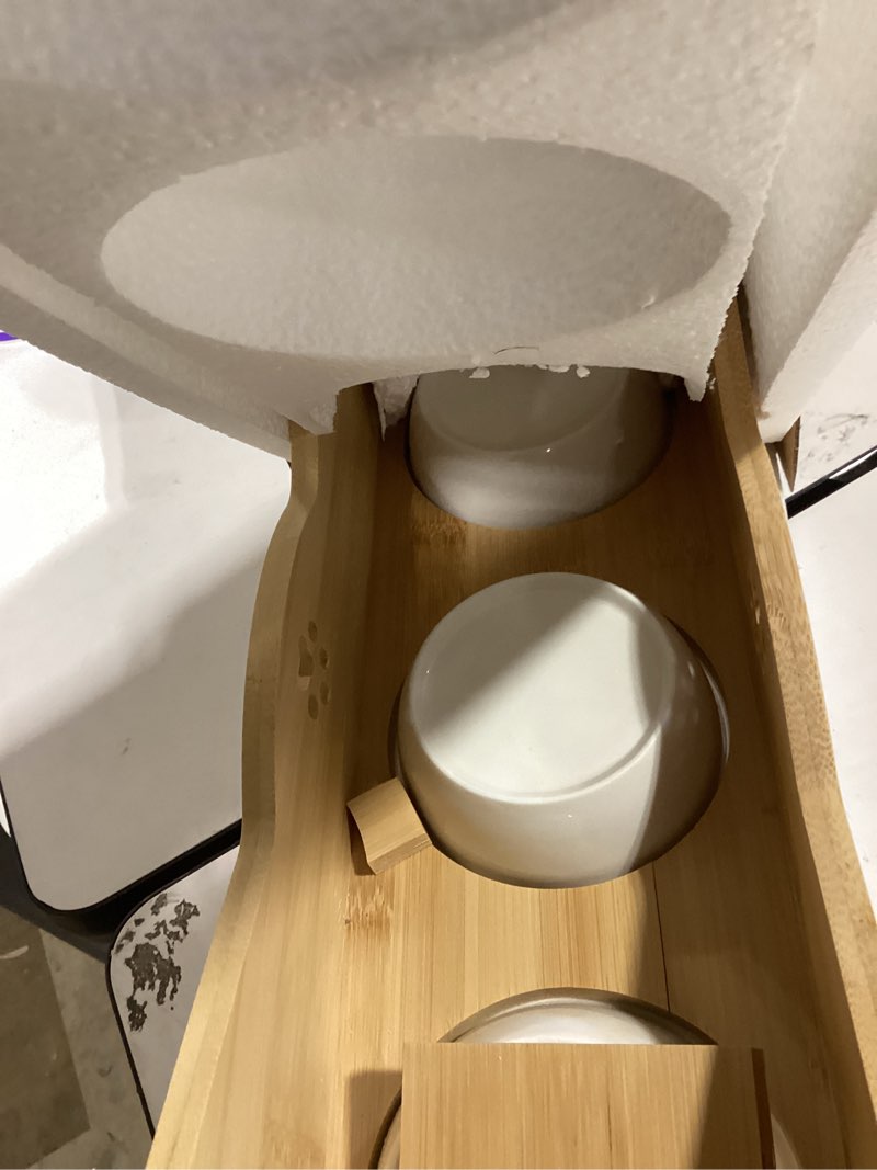 Condition photo showing As Is for navaris cat bowls with stand - elevated triple feeder for cats - ceramic pet bowl dishes 3-pcs set with printed designs and raised bamboo wood holder black