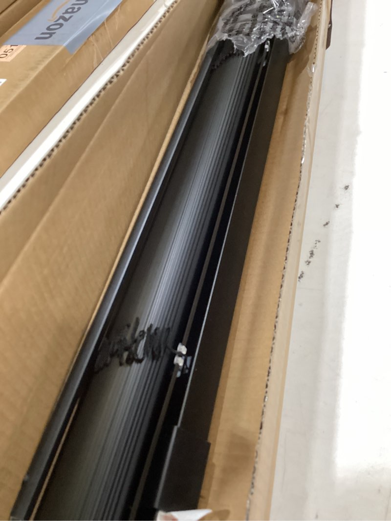 Condition photo showing As Is for no drill cordless mini blinds, l-shaped slats, 20×48 in, black | enhanced privacy protection, 1" vinyl material, easy install black 20" w × 48" h