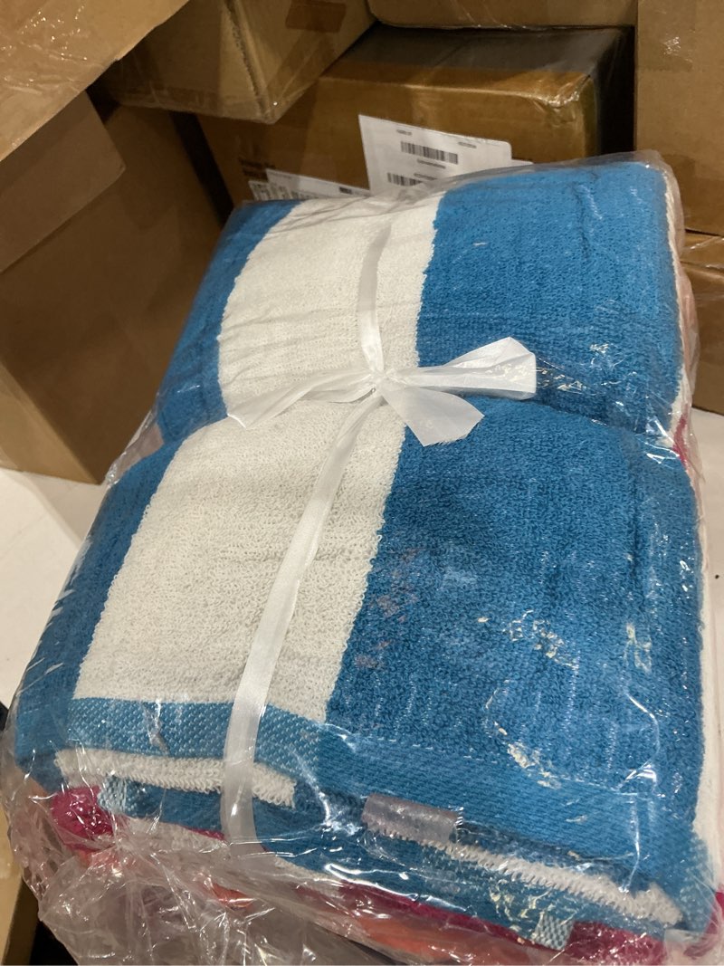 Condition photo showing New/Like New for beach towels 6 pack large 30x60-100% cotton beach & pool towels bulk cabana stripe - quick dry bath towel set for swim, beach essentials, bathroom, hot tub, yoga, hotel & airbnb guests green, purple, turquoise, orange, royal blue, pink