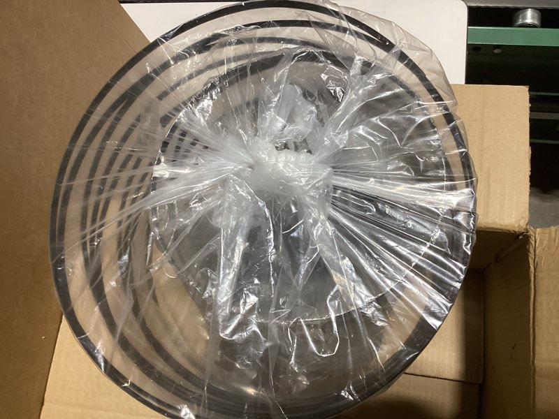 Condition photo showing New/Like New for 3-Light Farmhouse Black Chandelier for Dining Room Lighting Fixtures, 12.6'' Rustic Drum Ceiling Hanging Pendant Light for Foyer Entryway Kitchen Bedroom, Black with Wood-Grain Metal Interior