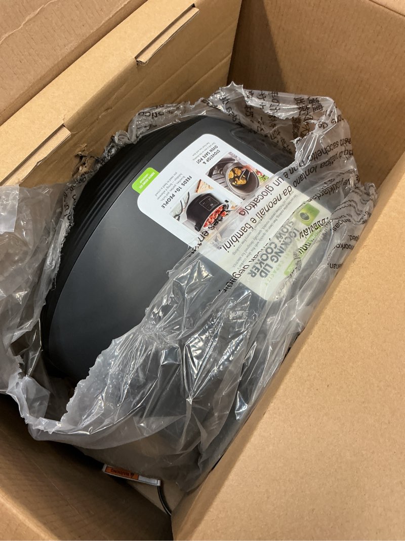 Condition photo showing As Is for greenpan 8qt locking lid slow cooker, ceramic nonstick pfas-free removeable bowl, silicone & glass rim, travel friendly, multi-cooker, stovetop searing & oven safe 400°f dishwasher safe parts,graphite