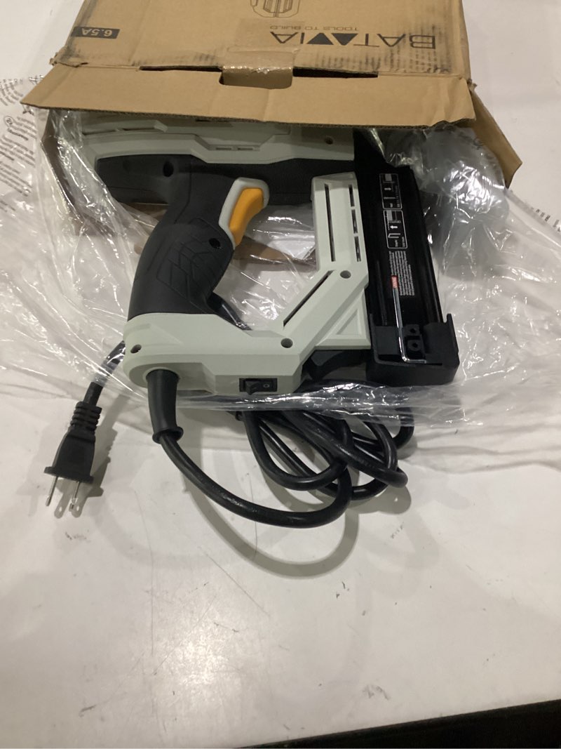 Condition photo showing As Is for electric nail gun, batavia 2-in-1 staple gun brad nailer 18 gauge for heavy duty, 120v stapler gun for upholstery, carpentry, diy, 1/4'' narrow crown staples 200pcs and nails 800pcs included