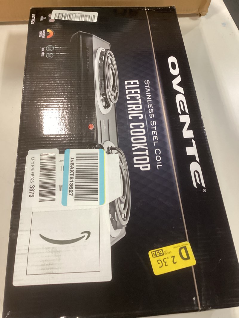Condition photo showing New/Like New for ovente electric countertop double burner, 1700w cooktop with 6" and 5.75" stainless steel coil hot plates, 5 level temperature control, indicator lights and easy to clean cooking stove, black bgc102b bgc102b - black