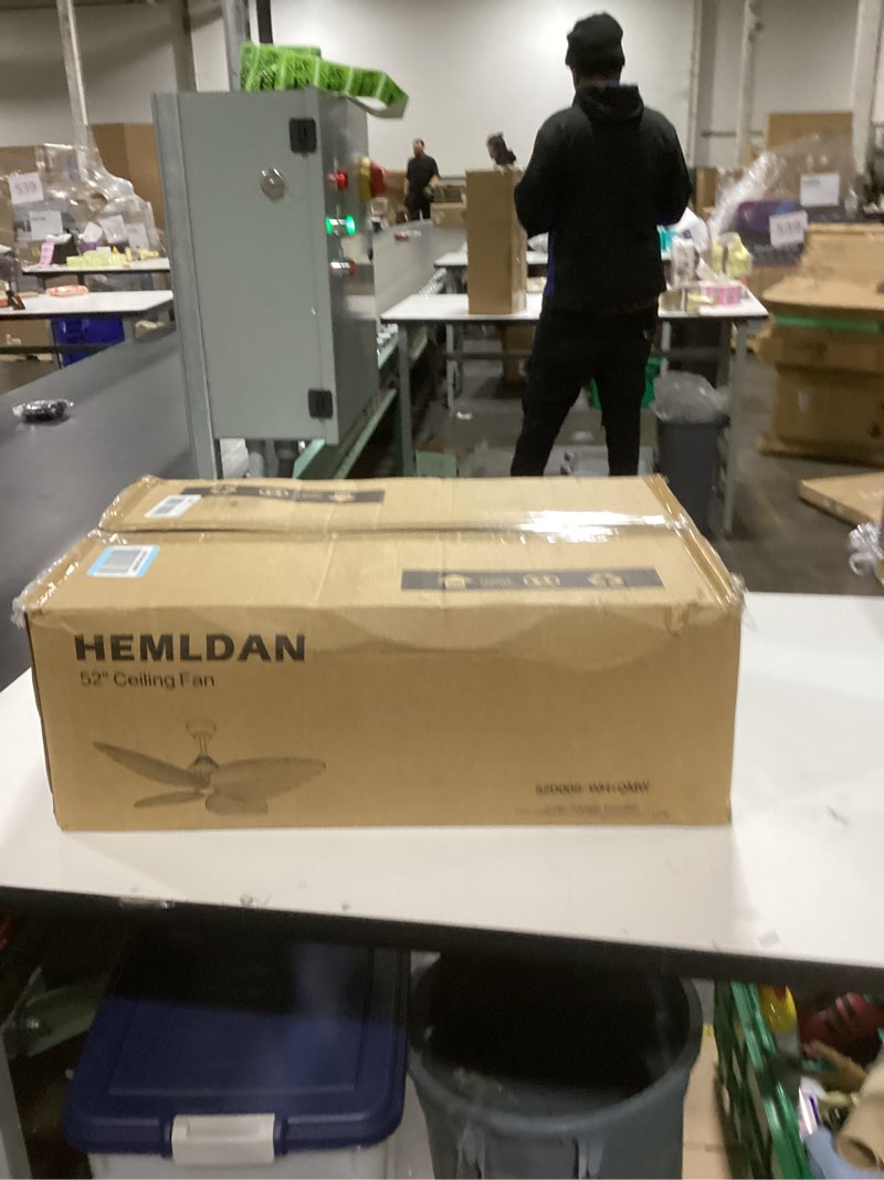 Condition photo showing New/Like New for 52" Ceiling Fan, Tropical Ceiling Fans with APP and Remote Control, Indoor Palm Leaf Ceiling Fans with Lights for Living Room Bedroom Patios, Dimmable(Light Wood Grain) Modern Light Wood Grain 52IN with LED Light