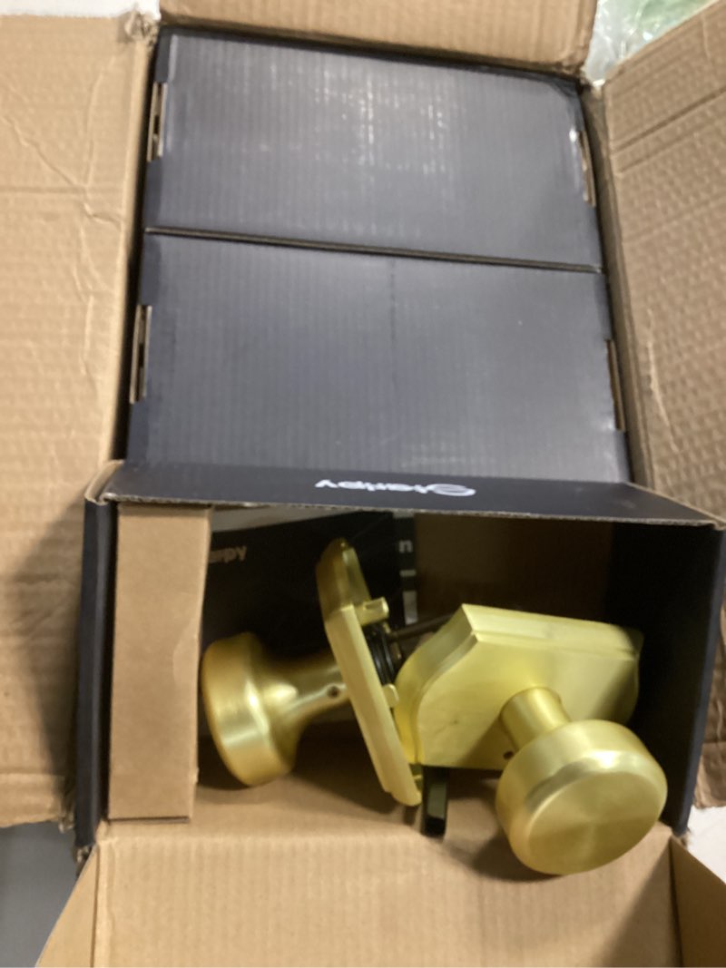 Condition photo showing Good Condition for 6 Pack Pismo Doorknobs for Bath & Bedroom, Gold Interior Door Knobs with Camelot Trim, Satin Brass Door Knob with Lock 6-Privacy Camelot Trim Satin Brass