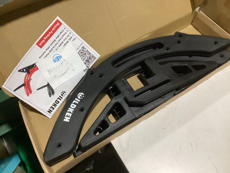 Condition photo showing Good Condition for **missing hardware ** wildken bike stand, bike stand floor for home/garage adjustable bicycle stand bike parking rack fit road bike, mountain bike, mtb, bmx, commuter bike, kids bike, scooter (black)