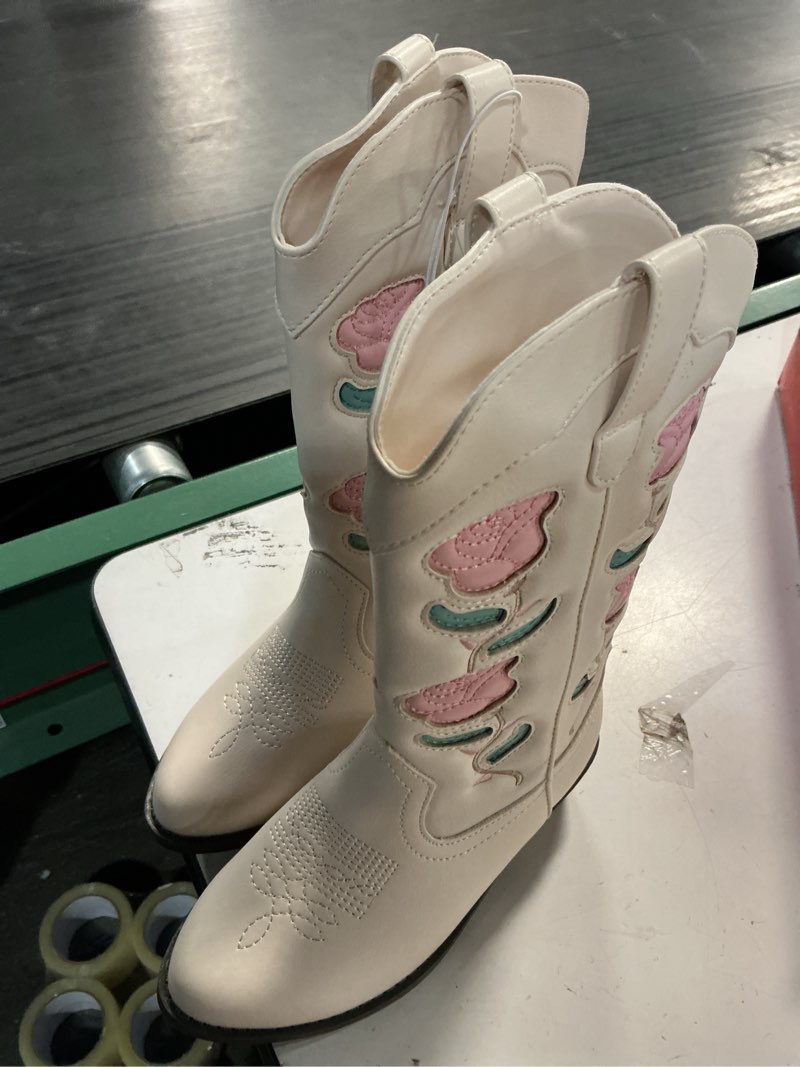 Condition photo showing Good Condition for kids' emberly embroidered western boots - art clas ivory 13: mid calf, floral pattern, zipper closure