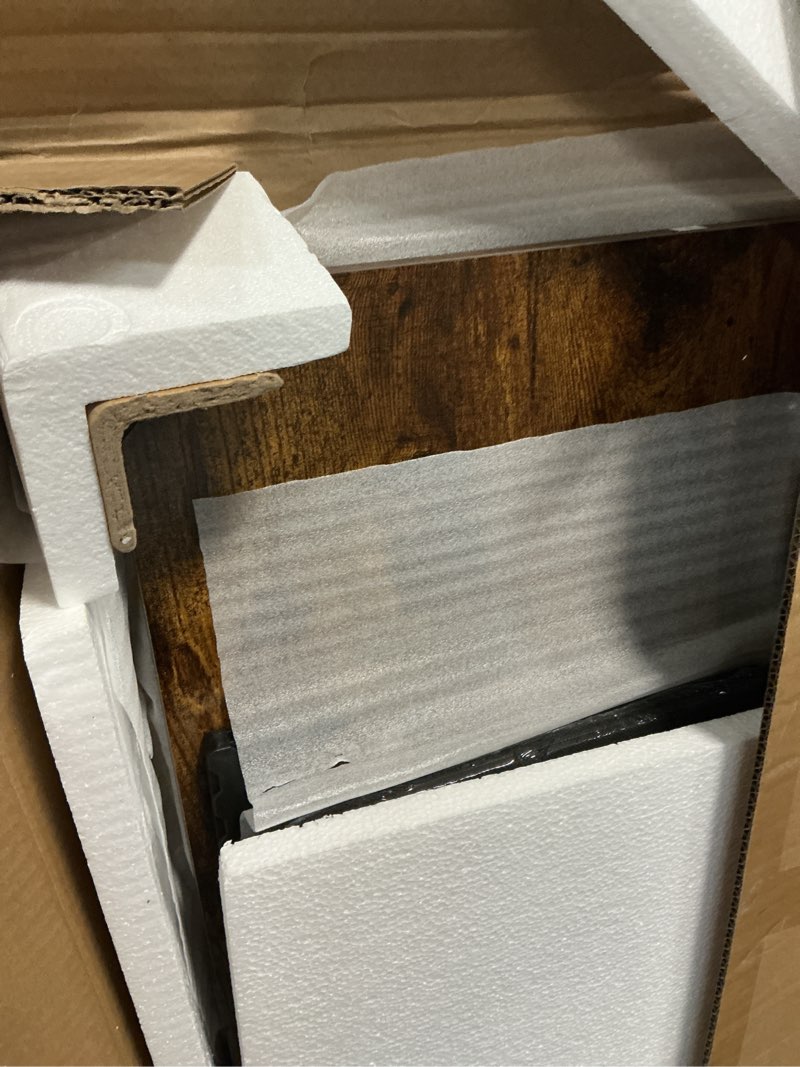 Condition photo showing As Is for PRAISUN 61" L Shaped Desk with Power Outlets and USB-C Port, Reversible Computer Corner Office Desk with 4 Fabric Drawers and 2 Height-Adjustable Shelves, Large for Gaming Writing Study, Rustic Brown 61 inch Rustic Brown