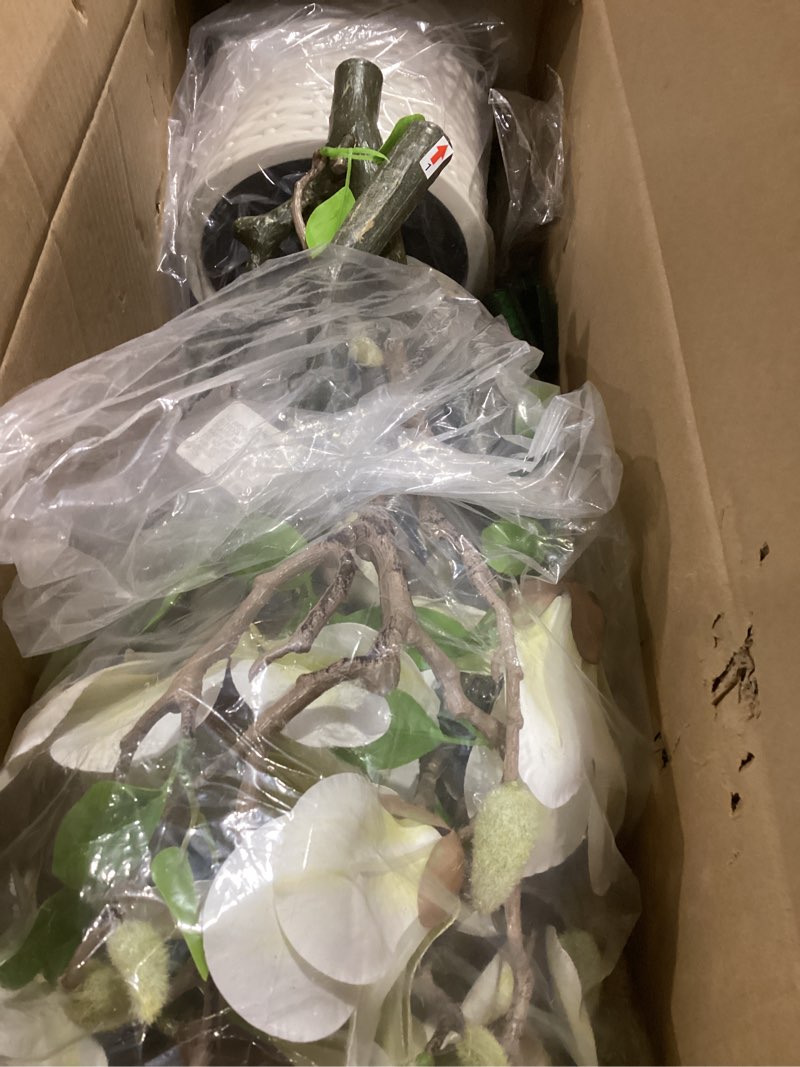Condition photo showing Good Condition for 4 ft Faux Magnolia Plant Artificial Flower Trees Fake Plants for Yard Patio Home Office Arrangement Decor Artificial Magnolia Tree Inc. 66 Realistic Flowers Vivid Leaves Mosses Lighting White Pot 4ft 4ft(with Light)