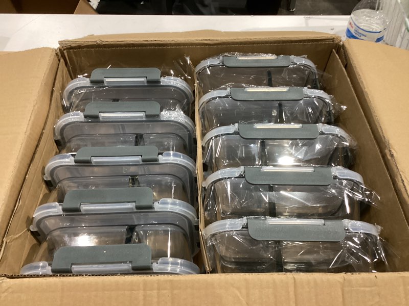 Condition photo showing Good Condition for KOMUEE 10 Packs 30oz Glass Meal Prep Containers 2 Compartments,Glass Food Storage Containers with Lids,Airtight Lunch Bento Boxes,Microwave,Oven,Freezer and Dishwasher Safe Gray