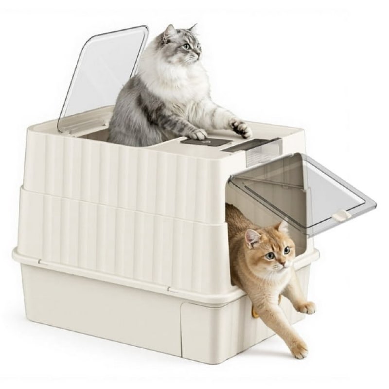 Cat Litter Box with Sloping Steps and Scoop,Fully Enclosed Large cat Litter Box with Lid, Plastic Li