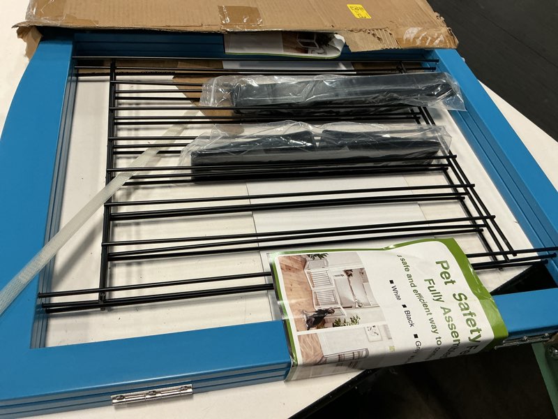 Condition photo showing Good Condition for zjsf freestanding dog fence indoor, foldable dog gate for doorways, stairs or hallways, sturdy wood extra wide pet gate with support feet for the house, blue, 24 "height-3 panels ?3 panels?60''w x 24''h blue