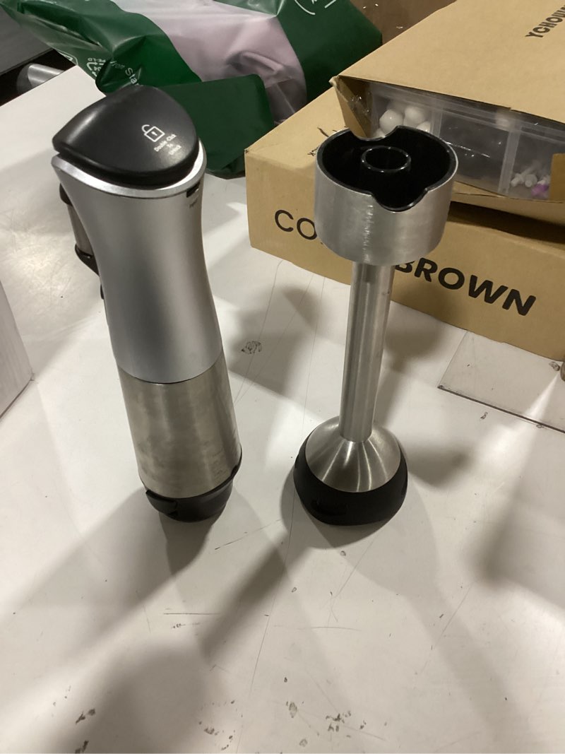 Condition photo showing As Is for koios immersion blender, 1000w anti-scratch 3-in-1 hand blender, upgraded 12 speed stainless steel blade stick blenders with turbo mode, whisk and milk frother, non-bpa silver