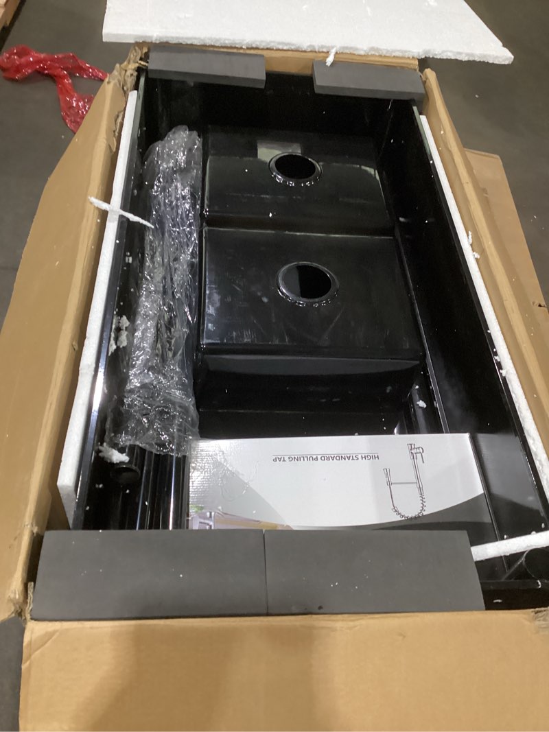 Condition photo showing As Is for GarveeLife Stainless Steel Utility Sink,47.5" × 24" × 38.9" Free Standing Double Bowl Commercial Kitchen Sink with Faucet, Utility Right Basin Workbench with Hot & Cold Water Pipe for Garage Laundry Black 47.5" × 24" × 38.9"
