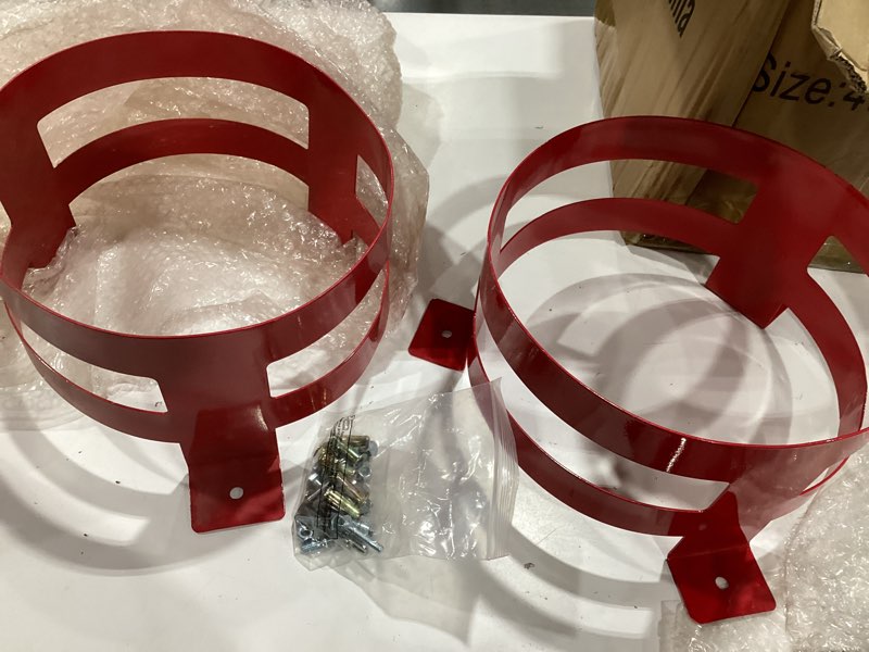 Condition photo showing As Is for 2 pcs 5 gallon bucket holder 11.6 x 6.5 inch red bucket holder mount for rv, truck, cart