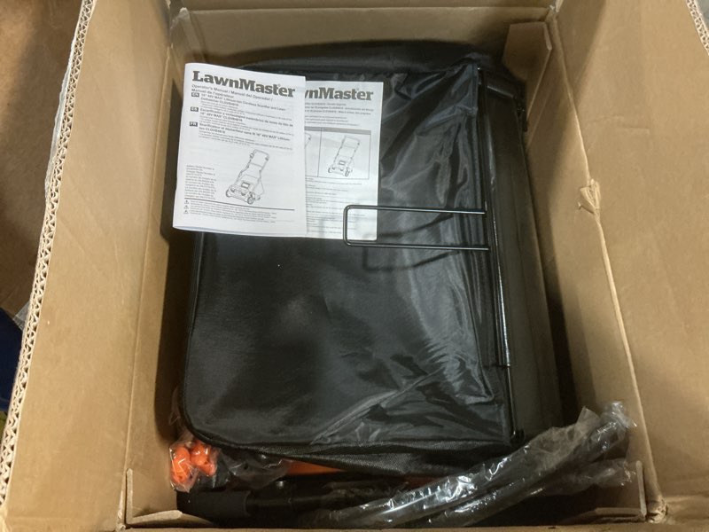 Condition photo showing As Is for lawnmaster 48v max brushless 16” 2-in-1 cordless dethatcher and scarifier with removable thatch collection bag quick-fold – clgvb4816