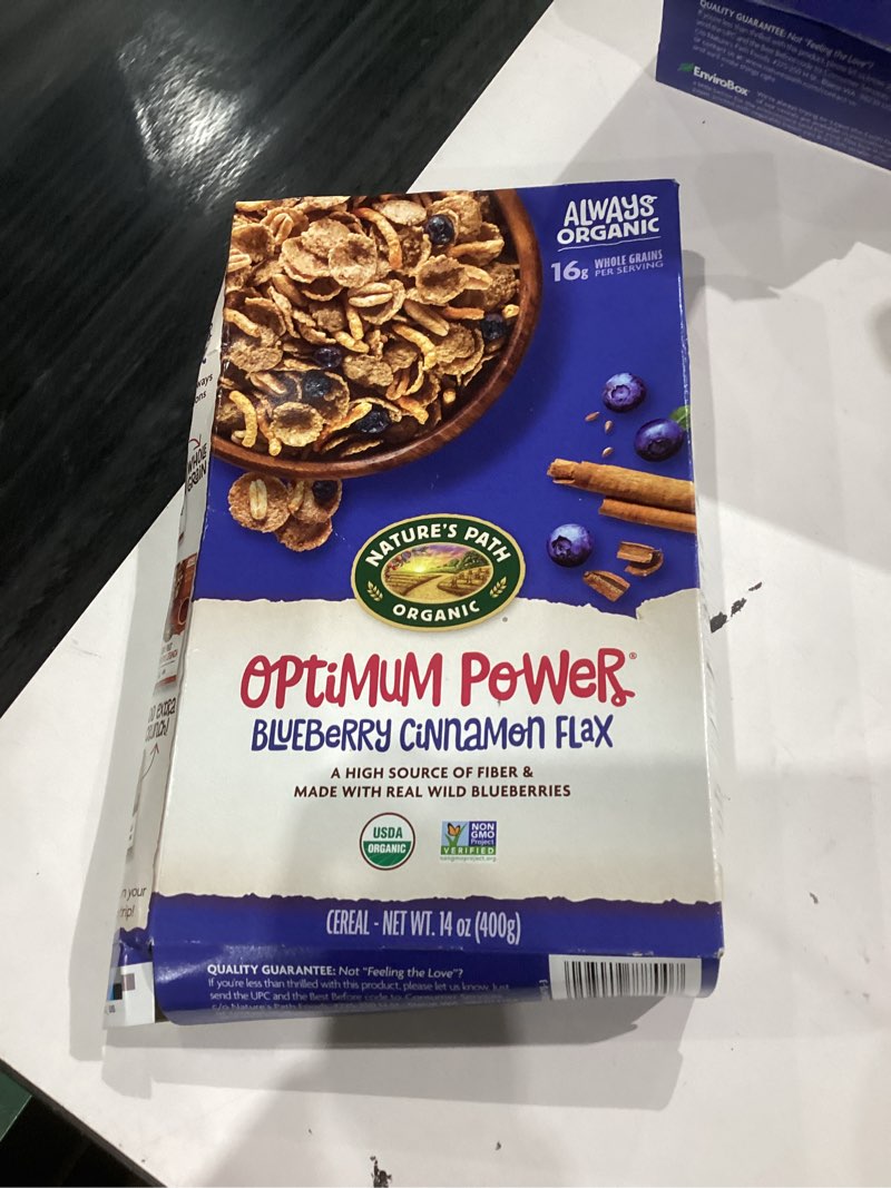 Condition photo showing New/Like New for Nature's Path Organic Optimum Power Flax - Soy & Blueberry Cereal - 14 oz