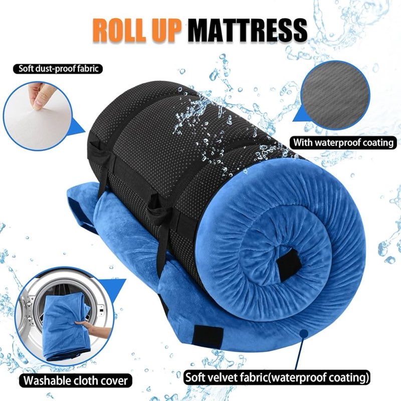 Thick Memory Foam Camping Mattress Sleeping Pad [Car/Tent/Cot] 3 Inch Portable Floor Mat Roll Up for Guests Kids Adult Sleepover (Blue) 
