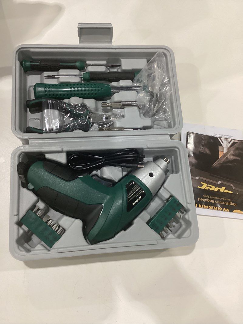 Condition photo showing New/Like New for GREEN Hi-Spec 35-Piece Tool Kit with 3.6V USB Small Electric Screwdriver Set, Pink Drill Set for Women, Tool Kit for Home 35 Pieces Pink