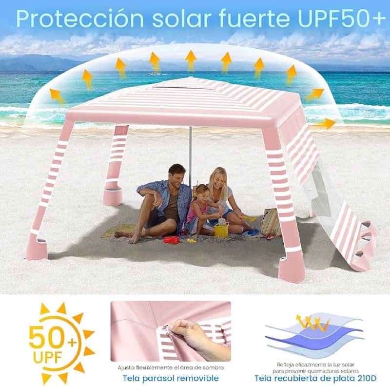 MoKo Beach Hut, Large 8x8ft Beach Canopy with Sidewall, UPF 50+ Protection, Easy Setup, Beach Tent, Sun Shelter, Adjustable Height, Windproof, Beach Tent for the Whole Family, Pink Stripes