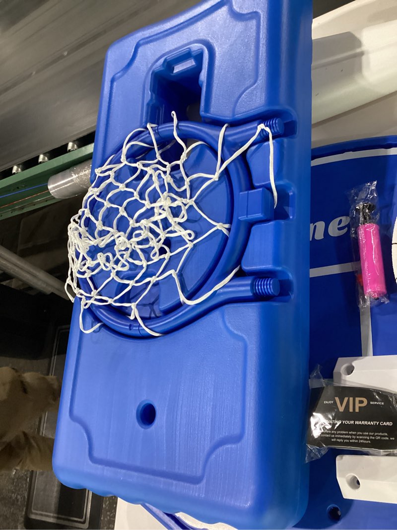 Condition photo showing Good Condition for pool basketball hoop, large poolside basketball hoop for swimming pool basketball game, water basketball hoops with lengthen sturdy base for kids adults summer water fun, 2 balls and pump.