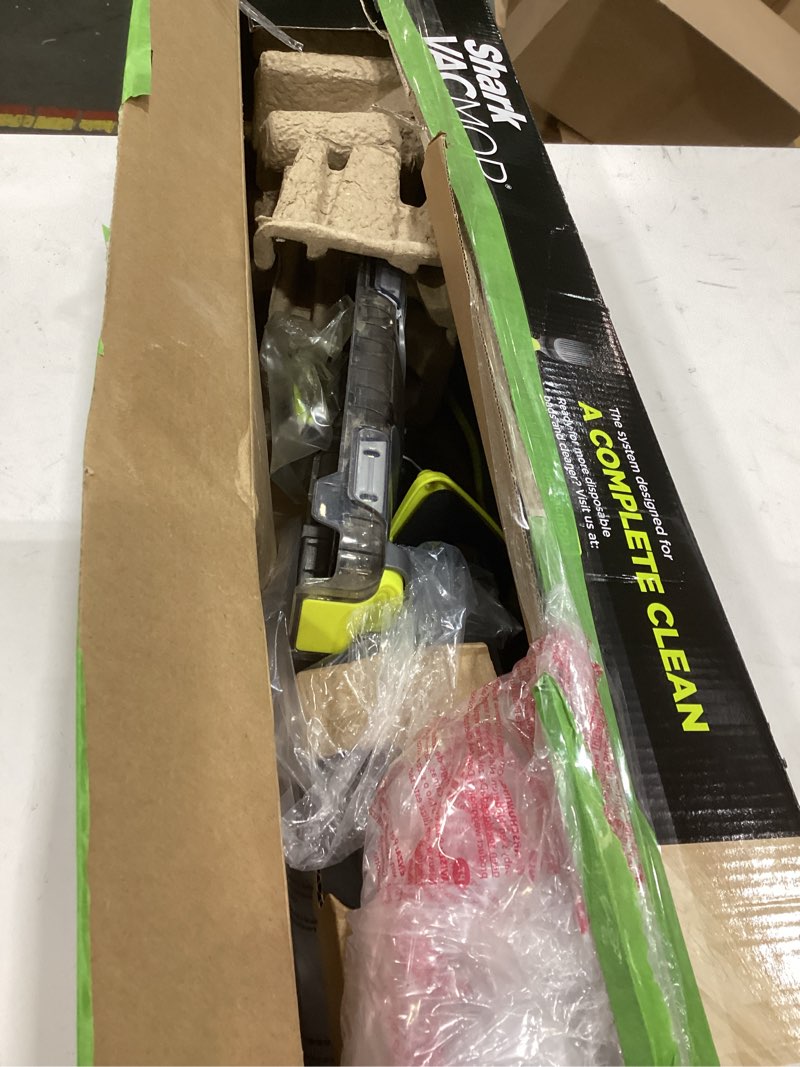 Condition photo showing As Is for shark vacmop cordless hard floor cleaner, vacuum and spray mop, powerful suction, lightweight, led headlights, includes 4 disposable pads, 12oz multi-surface cleaning solution, gray, vm252