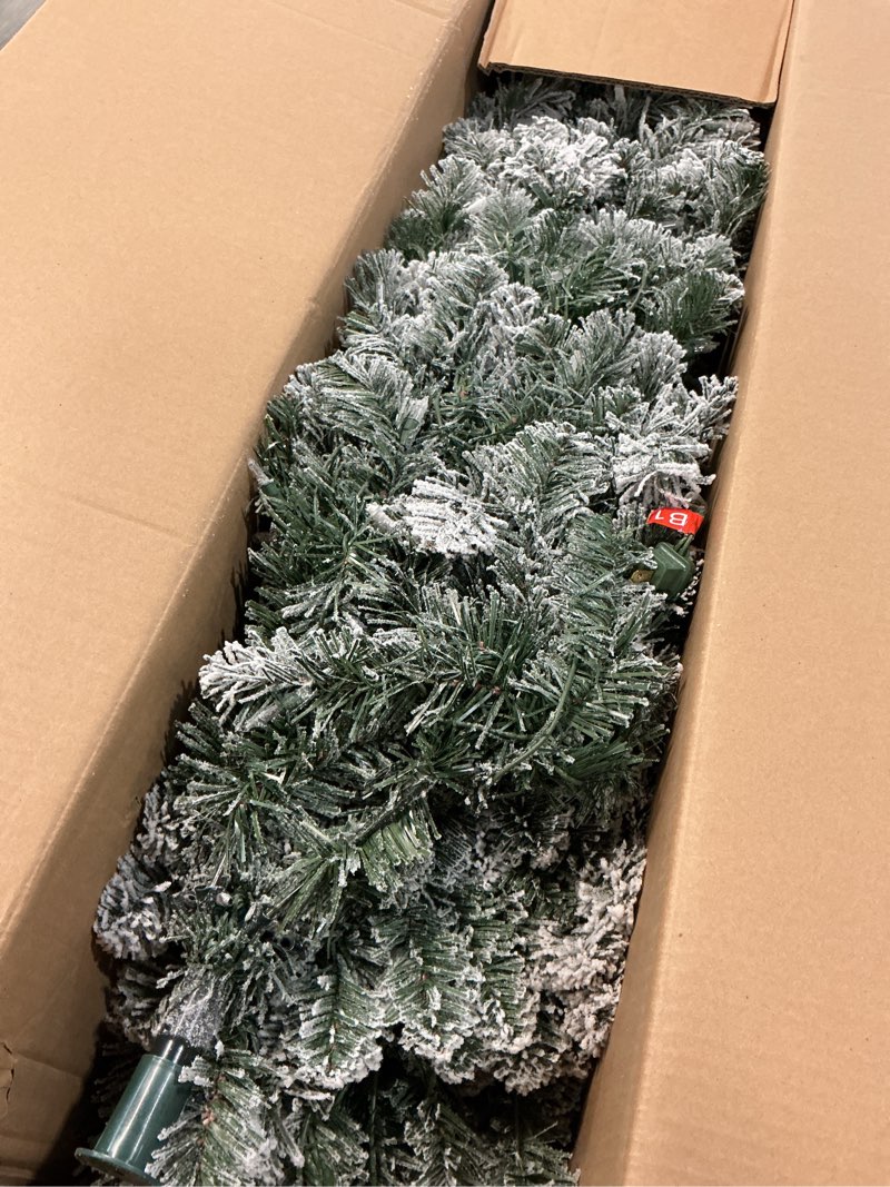 Condition photo showing New/Like New for best choice products 7.5ft flocked pencil christmas tree w/twinkling leds, pre-lit slim artificial holiday decoration, lighted skinny w/base, 350 lights, 641 tips, warm white lights white lights 7.5ft