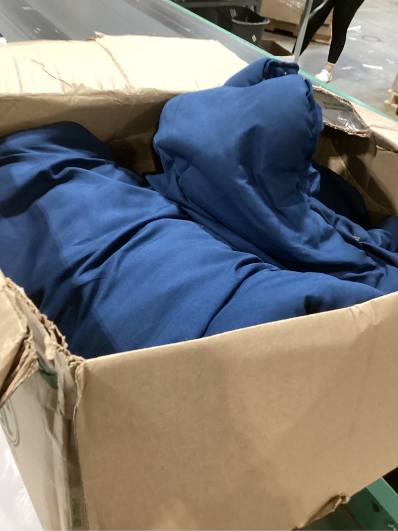 Condition photo showing As Is for Amazon Basics All-Season Down-Alternative 3-Piece Comforter Bedding Set, Soft Lightweight Microfiber, Pinch Pleat Design, Full/Queen, Navy Blue Navy Blue Full/Queen