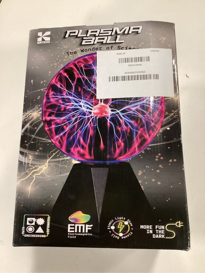 Condition photo showing New/Like New for Katzco 8 Inch Plasma Ball - Static Electricity in a Vacuum Pressurized Glass Globe - Nebula Thunder Lightning, Plug-in - for Parties, Decorations, Prop, Home, STEM 8 inch Interactive