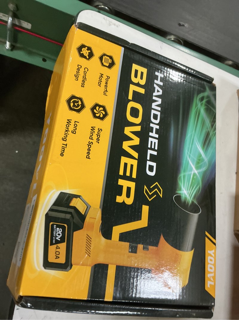 Condition photo showing New/Like New for leaf blower cordless, handheld leaf blower with 2 x 4.0ah battery and charger, 6 speed modes, lightweight blowers for lawn care, patio, yard, dust,blowing leaves,snow,yellow