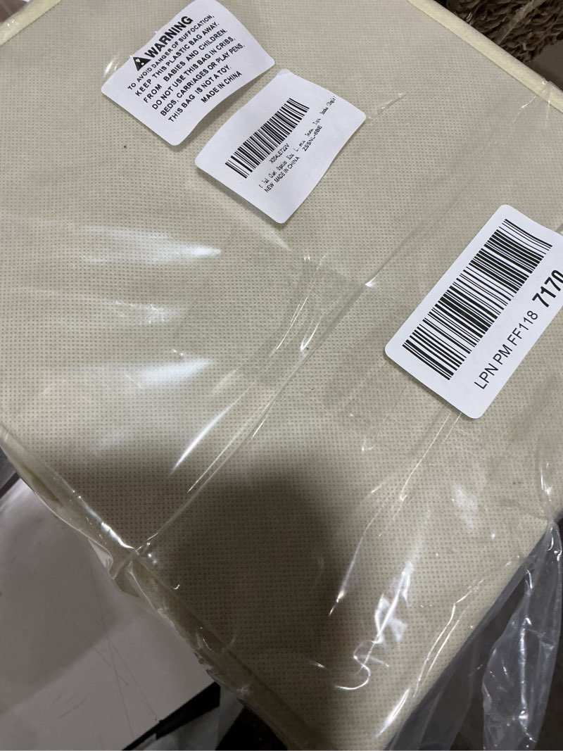 Condition photo showing Good Condition for 6 Pack Fabric Storage Bins, Large Storage Baskets for Shelves, Foldable Closet Organizer Storage Boxes with Leather Handles for Clothes, Sheets, Jeans, Toys, Books (Beige and White) 6 Pack Begie & White