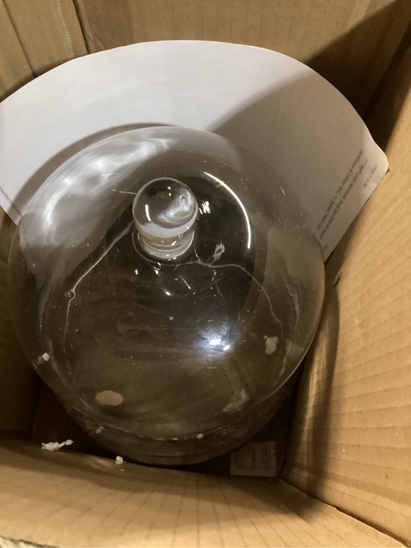 Condition photo showing As Is for 11" high large handmade sturdy glass cloche with rustic brown beaded wooden base in farmhouse & cottage style, for terrarium, trinkets, cakes, figurines (brown, 7.5"x10.6") brown 9.5"x11"