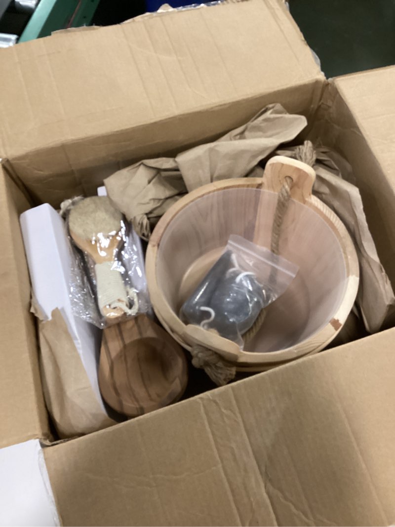 Condition photo showing Good Condition for Sauna Bucket and Ladle Set, Handmade from Canadian Red Cedar Wood - Core Set (Bucket & Ladle, Body Brush, Thermometer & Hygrometer, Sand Timer, Aromatherapy Bowl Oil Cup, Pumice Stone) (Cedar)