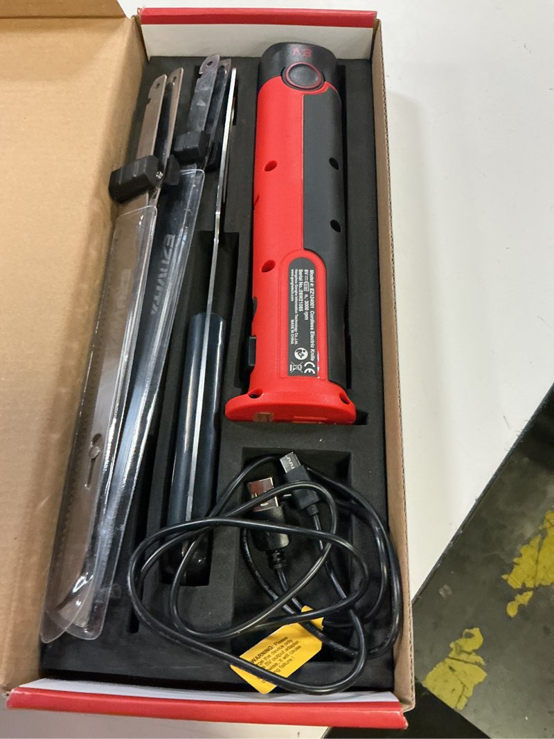 Condition photo showing Good Condition for 2026 new upgrade 8v cordless electric knife set, rechargeable electric carving knife with reciprocating stainless steel blades for meat & bread, fork included, equipped with interchangeable 2000mah large capacity battery, ergonomic handle and safety lock for turkey, poultry, cheese ( red & black ) red&black