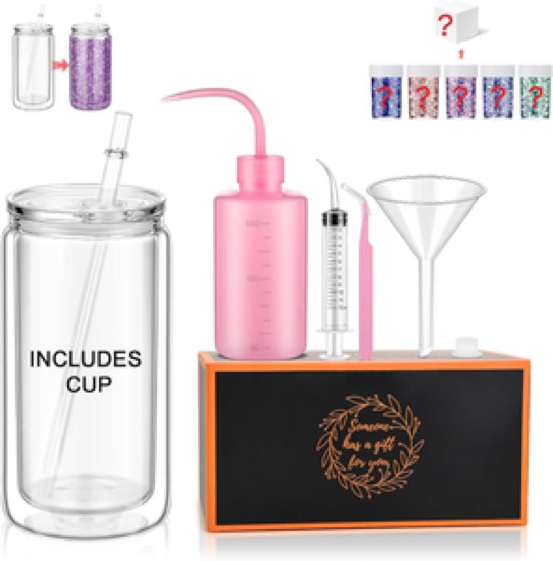 8 set diy snow globe tumbler kit with pre drilled hole double wall plastic cups tools and bag for snowglobe glitter diy gift(handled tumbler,8.5 oz)