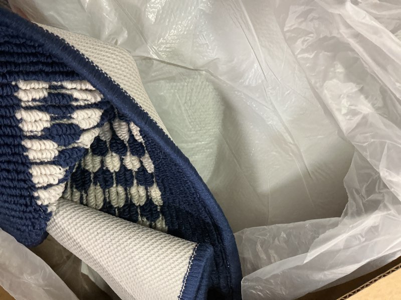 Condition photo showing As Is for Ileading Kitchen Mat Sets 3 Piece Minimalist 3D Lattice Kitchen Floor Rugs with Non Slip Rubber Backing Machine Washable Farmhouse Runner Rugs for Laundry Hallway Doormat(Navy) 20"x32"+20"x48"+20"x59" Checkered Navy