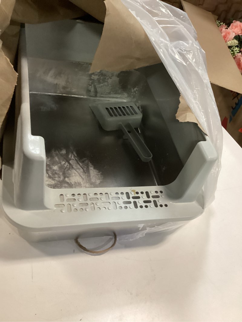 Condition photo showing As Is for FURTIME Stainless Steel Cat Litter Box with Lid – High-Sided Metal Litter Pan for Small Cats, Kitty Litter Box Non-Stick, Odor-Resistant, Anti-Urine Leakage, Easy to Clean, Includes Scoop and Mat Silver Medium